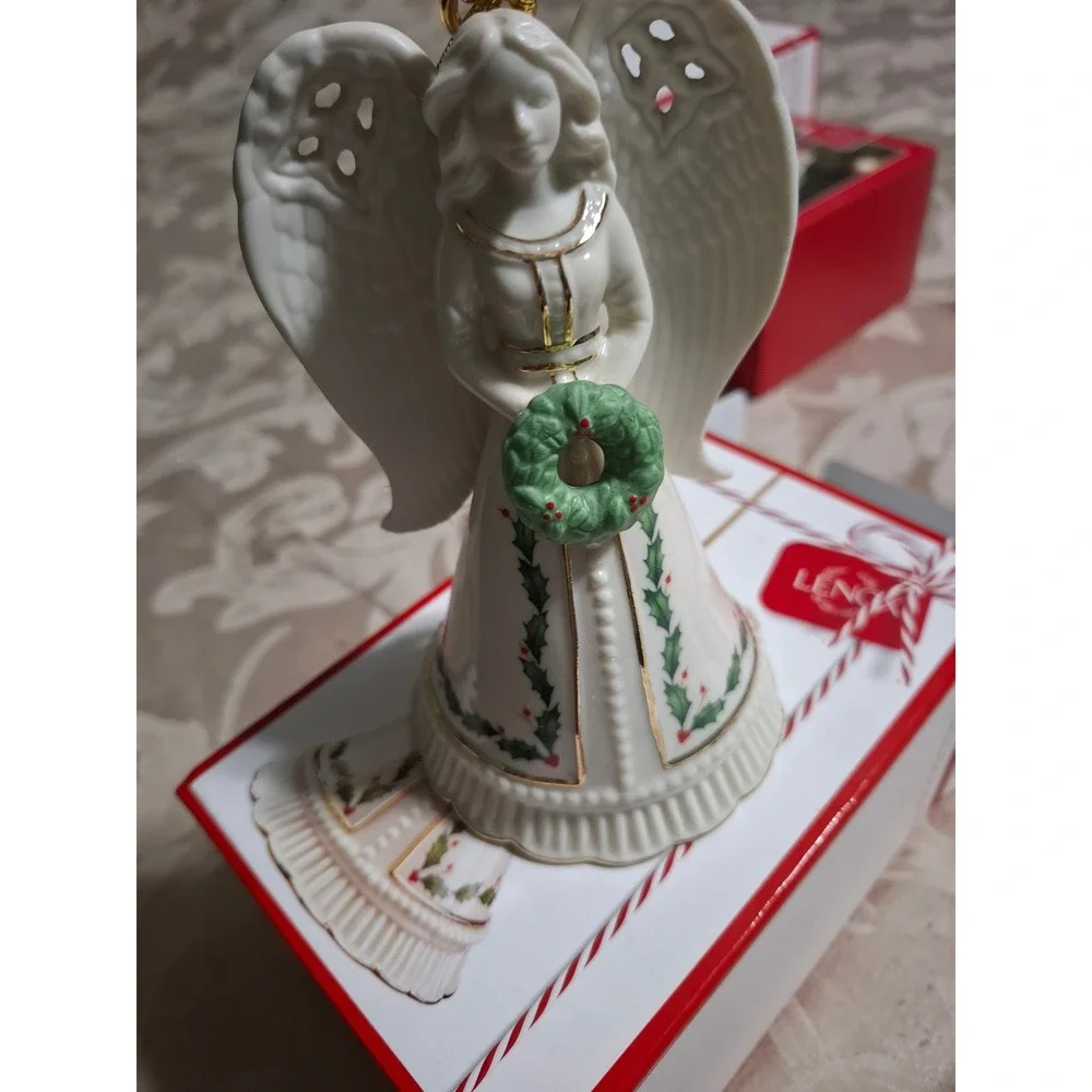 Lenox Holiday Angel Bell Ornament 6in Ivory Porcelain Holly Wreath 879206